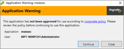 Application Warning Message Action dialog