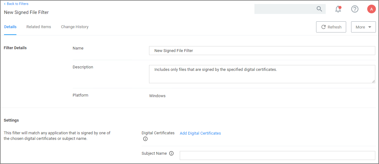 Signed File Filter Settings