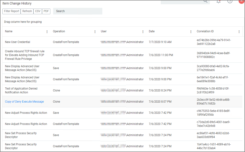 Item Change History Report